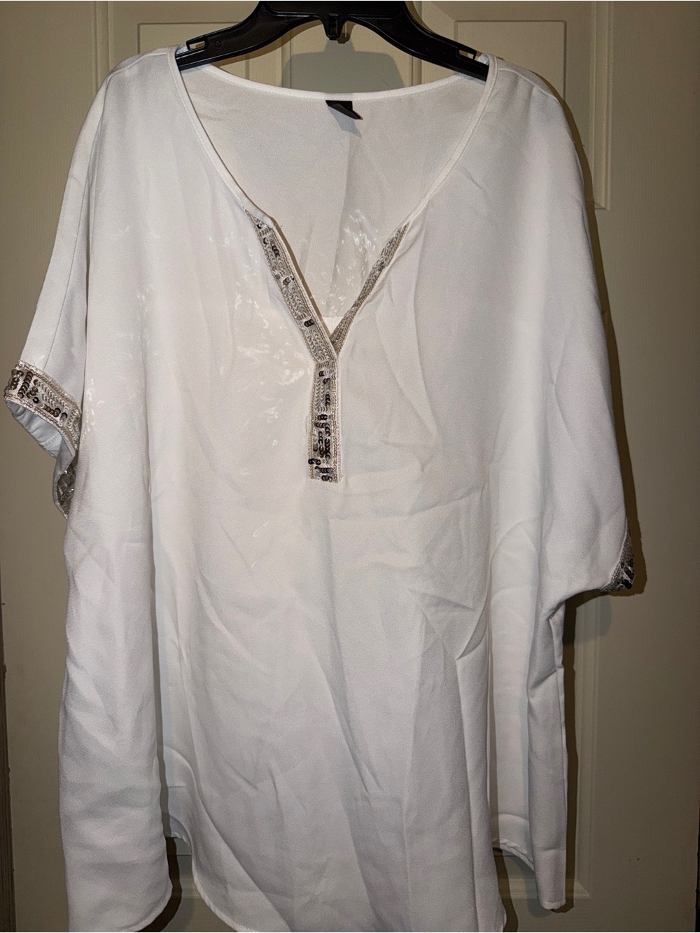 White Women's Casual Button-Down Shirt with Sequin Trim